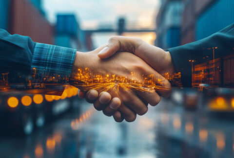 Handshaking between business partners amid bustling international logistics transportation hub at twilight