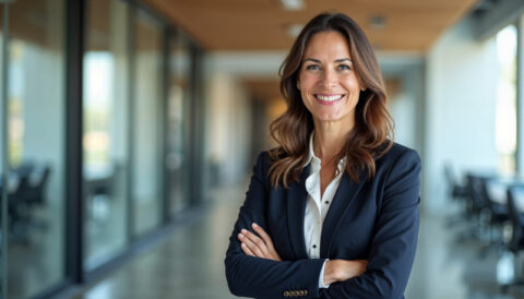 Happy cheerful 45 year old Latin professional mid aged business woman corporate leader, smiling positive mature female executive manager standing in office arms crossed looking at camera,