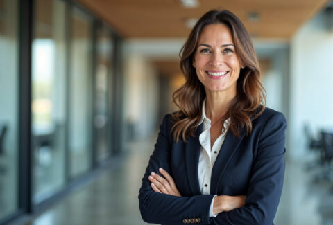 Happy cheerful 45 year old Latin professional mid aged business woman corporate leader, smiling positive mature female executive manager standing in office arms crossed looking at camera,