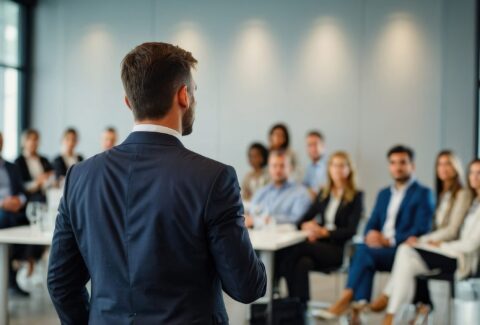 Confident businessman giving a presentation in front of crowd in meeting conference seminar room. Leadership authority teamwork in business concept