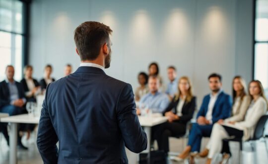 Confident businessman giving a presentation in front of crowd in meeting conference seminar room. Leadership authority teamwork in business concept