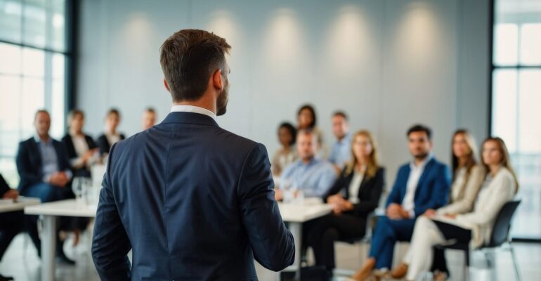 Confident businessman giving a presentation in front of crowd in meeting conference seminar room. Leadership authority teamwork in business concept