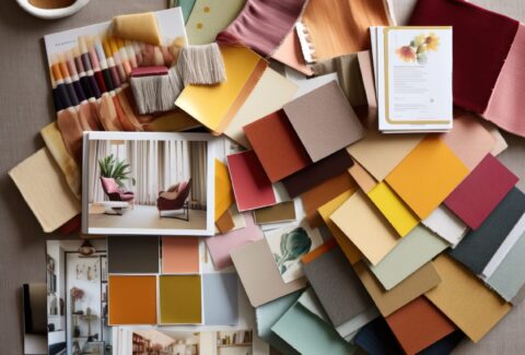 Interior design mood board with fabric and paint swatches