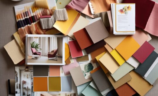 Interior design mood board with fabric and paint swatches