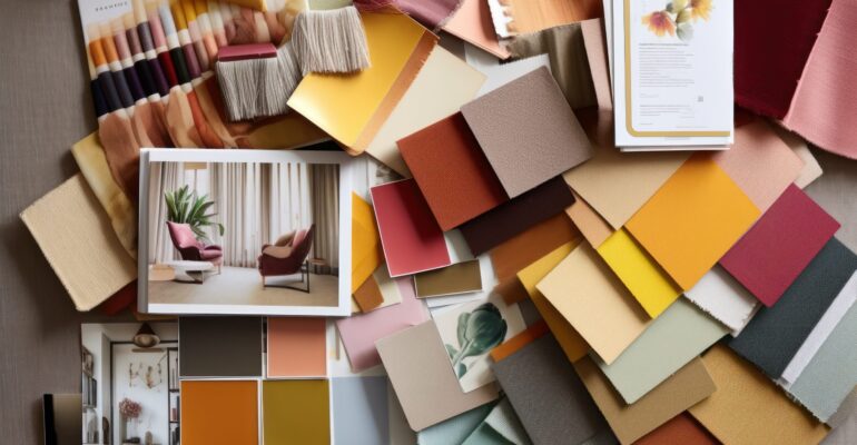 Interior design mood board with fabric and paint swatches